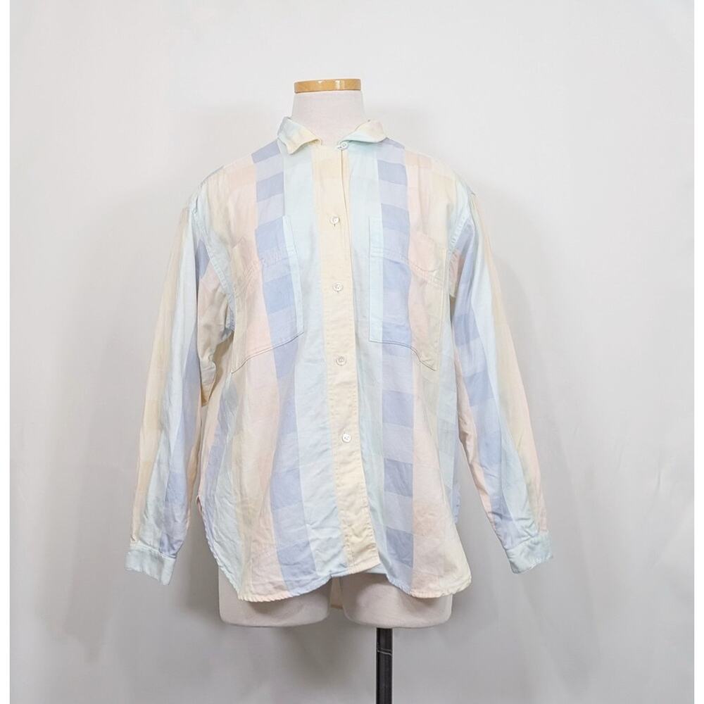 Vintage 80s Blouse Blue Peach Yellow Green Plaid Top Cotton Women's Size 6